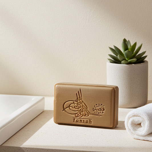 Rose Scented Aleppo Laurel Soap — tan bar of Aleppo soap on a bathroom counter, with a potted succulent