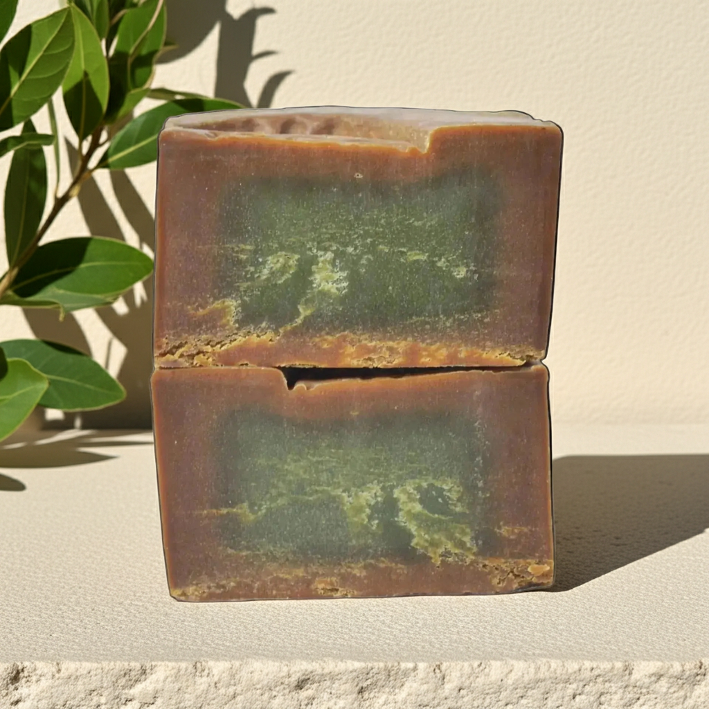 Two stacked rectangular bars of handmade Aleppo laurel soap with a brown outer layer and a green marbled center, set against a light beige wall with a leafy plant on the left.