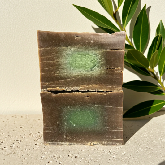 Original Aleppo Laurel Soap by Fansa 8% — two beige bars stacked on a textured beige surface, with green leaves