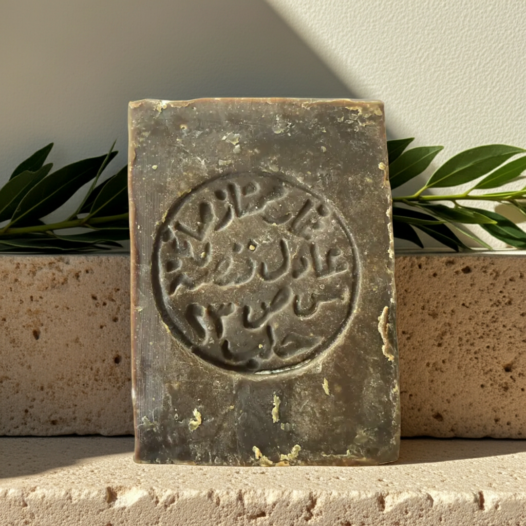قطعة من صابون الغار الحلبي المصنوع يدوياً بنقش خط عربي دائري بارز، منتصبة على حافة حجرية مع أوراق خضراء في الخلفية