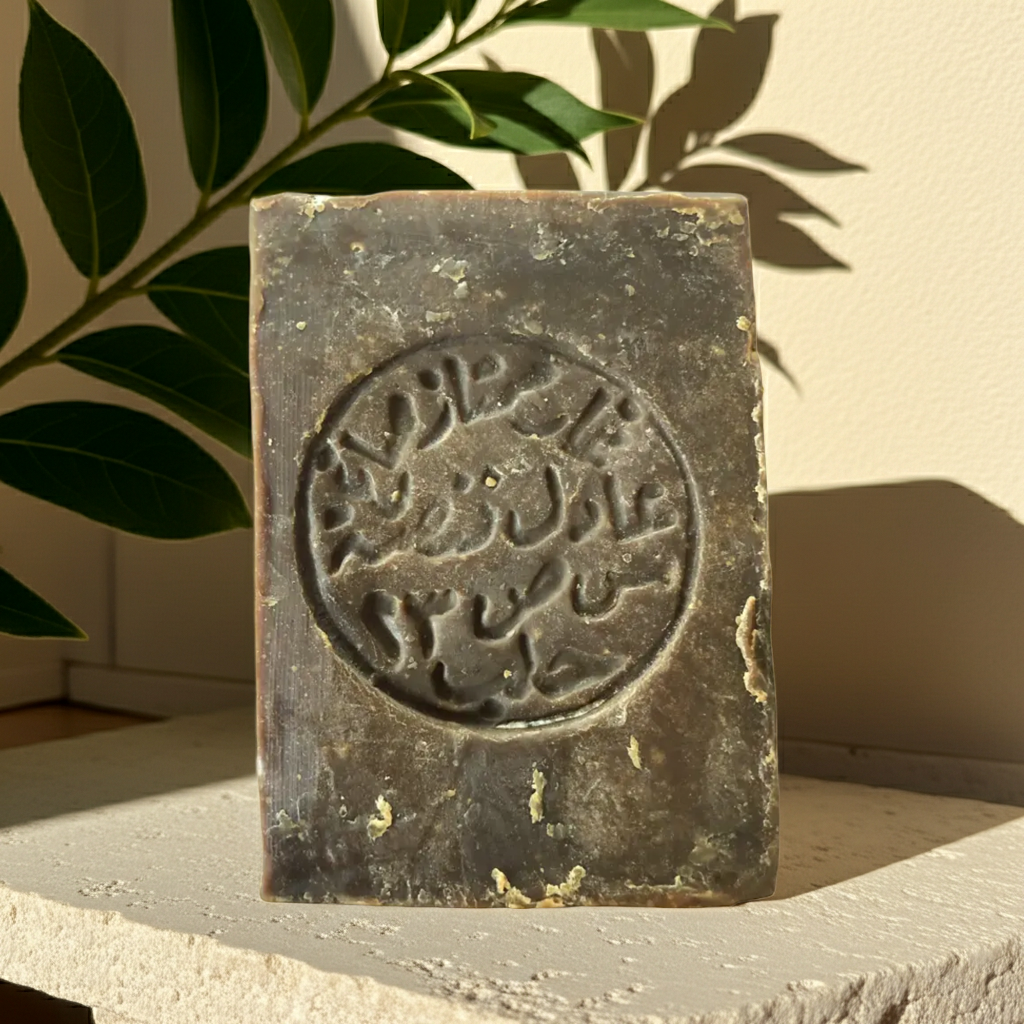 قطعة صابون غار حلبي داكنة بنقش خط عربي دائري بارز، منتصبة على سطح حجري فاتح مع نباتات خضراء وأشعة شمس دافئة تلقي ظلالاً في الخلفية