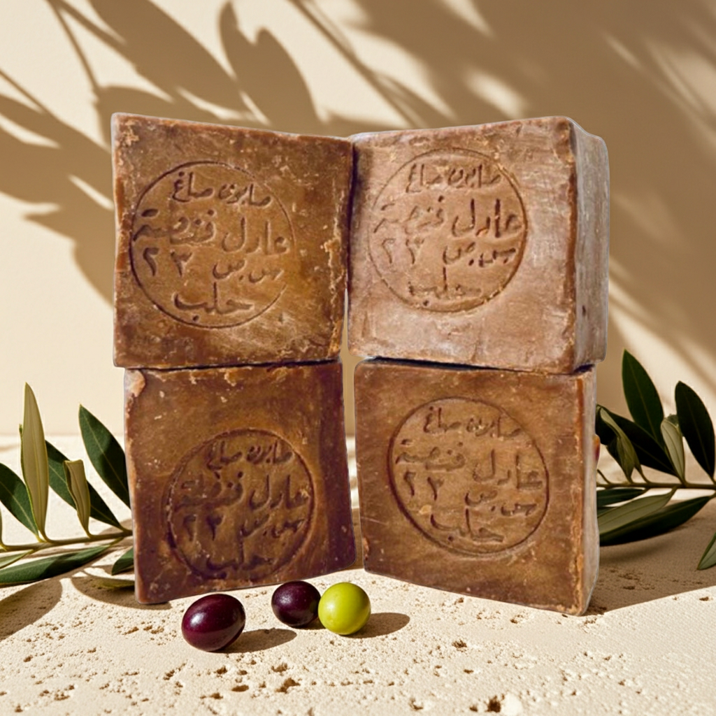 Aleppo Laurel Soap Collection by Fansa — four tan bars stacked (view 2)
