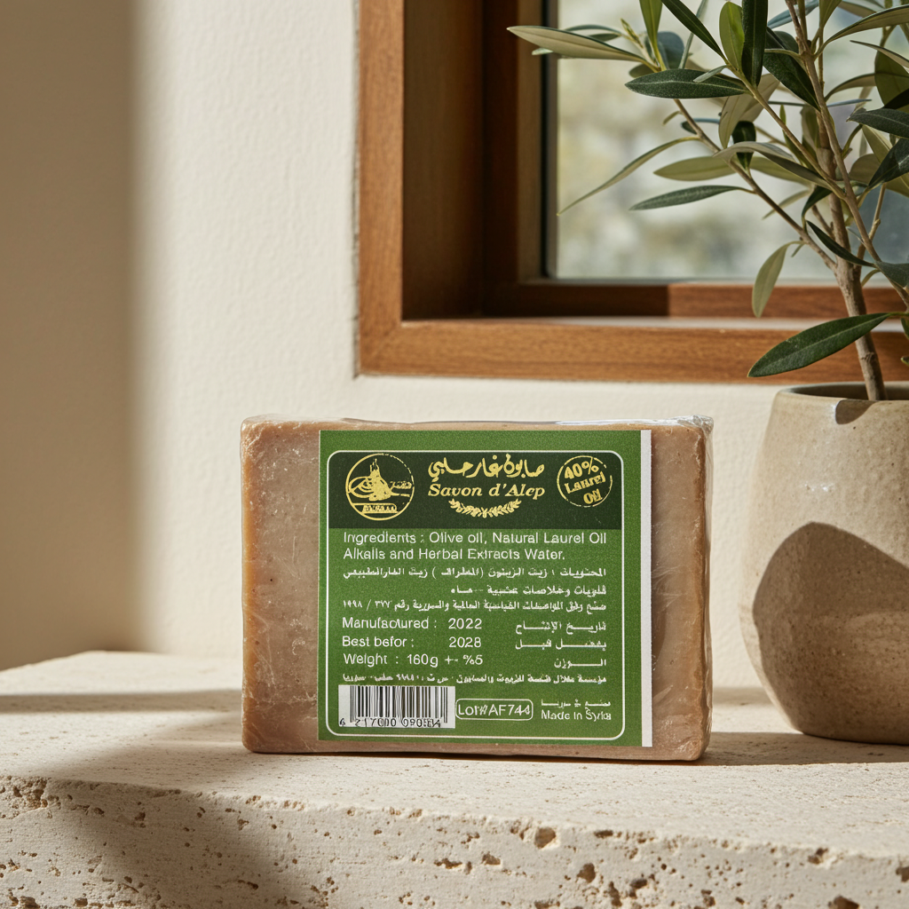 A rectangular bar of soap labeled 'Scents of Aleppo' sits on a stone ledge indoors, with a potted plant and window in the background.