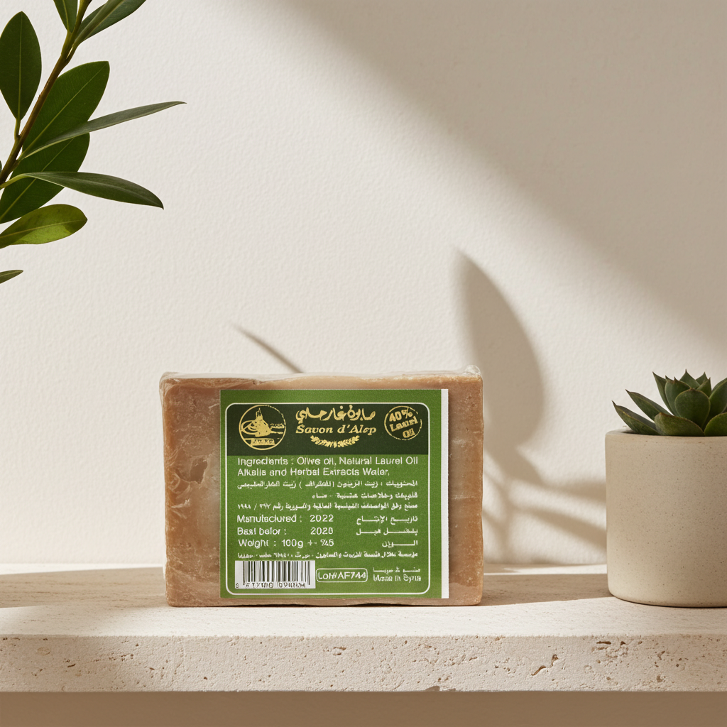 A rectangular bar of Savon d'Alger soap with a green label, displayed on a light stone ledge next to a small potted succulent under warm natural light — Aleppo laurel soap.