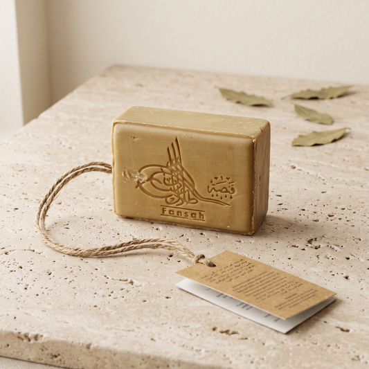 Aleppo Laurel Soap by Fansa — beige bar of Aleppo soap on a stone surface