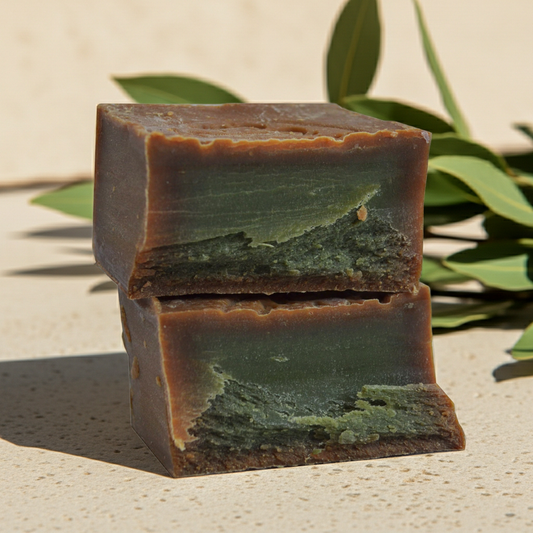 Aleppo Laurel Soap by Al Taj — two beige bars stacked on a beige surface, with green leaves