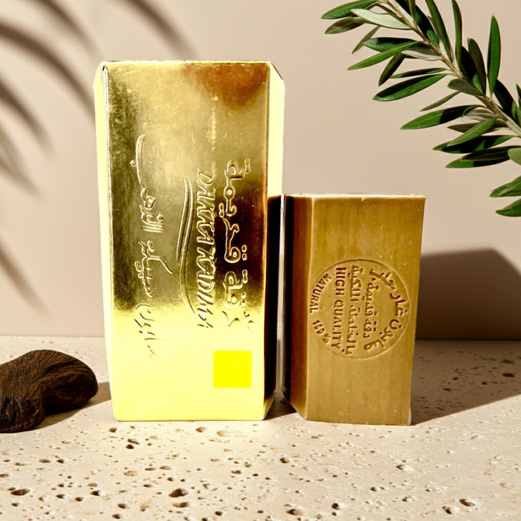 A gold-colored soap bar next to its matching metallic gold box, both featuring embossed Arabic calligraphy and English text, displayed on a speckled beige surface with a green plant leaf in the background — Aleppo laurel soap.