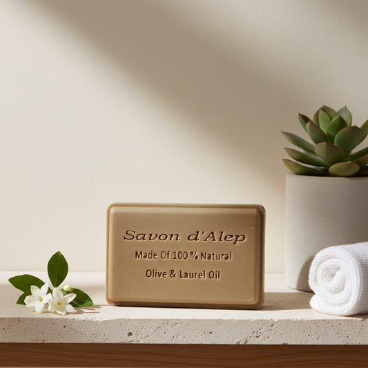 Jasmine Scented Aleppo Laurel Soap — beige bar of Aleppo soap on a stone surface, with a potted succulent and a white flower