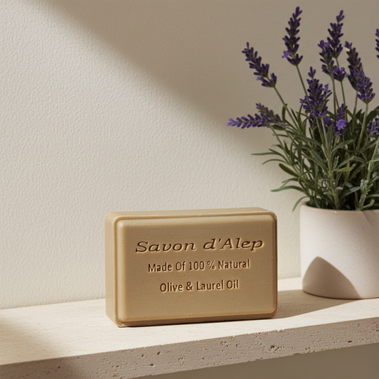 Lavender Scented Aleppo Laurel Soap — purple bar of Aleppo soap on a light shelf, with lavender