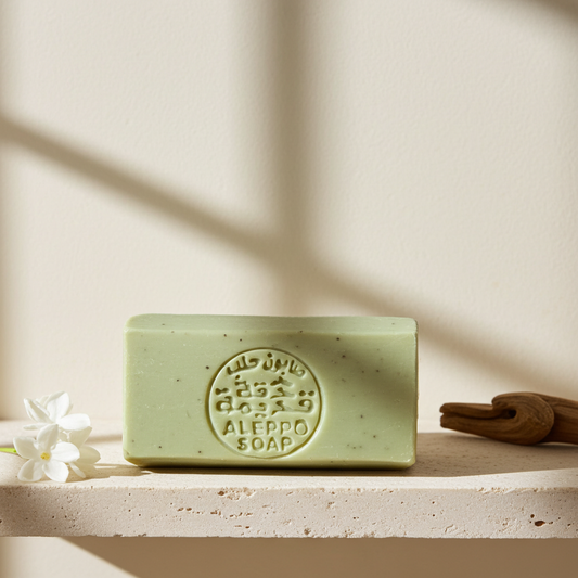 Musk of Paradise Aleppo Soap by Dakka Kadima — pale green stamped soap bar with white flowers on stone