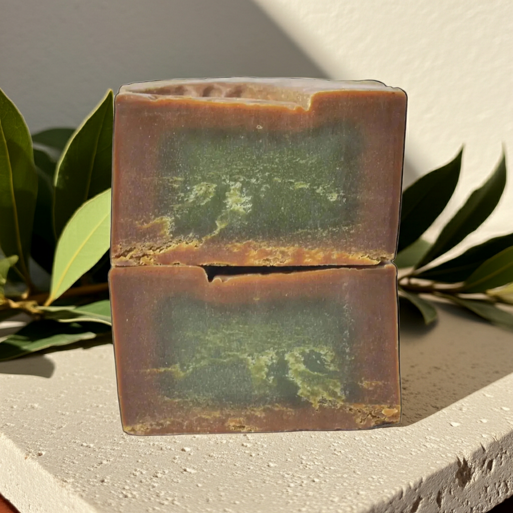 Two stacked rectangular bars of handmade Aleppo laurel soap with a brown outer layer and a green marbled center, displayed on a textured stone surface with green leaves in the background.