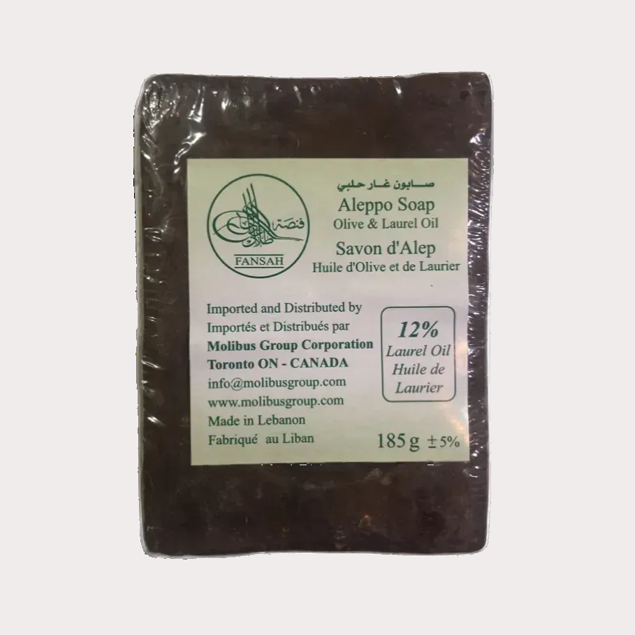 Traditional Aleppo Laurel Soap by Fansa 12% packaged bar with product label | صابون غار حلبي من فنصة 12% لوح مغلف مع ملصق المنتج