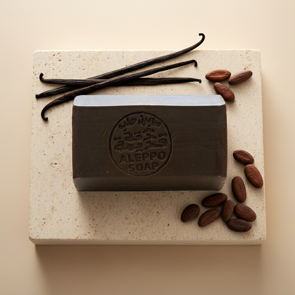 A rectangular bar of Aleppo Soap in a dark brown color, placed on a light beige stone slab with vanilla beans and cocoa beans as props.