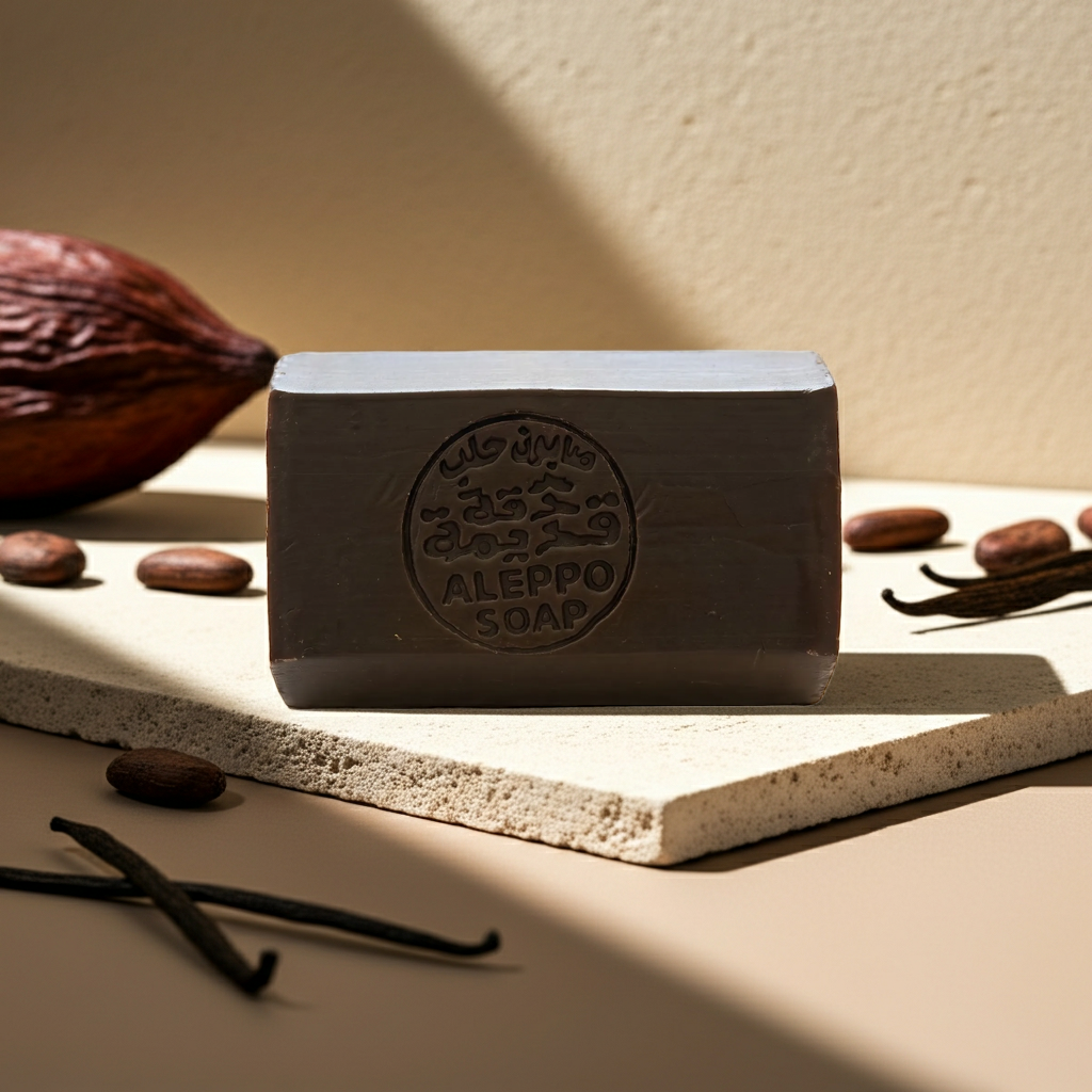 A rectangular bar of Aleppo soap sits on a light stone slab, surrounded by cocoa beans and vanilla beans under warm, directional sunlight. The soap is dark brown with a circular embossed logo that reads 'ALEPPO SOAP' in English and Arabic script.