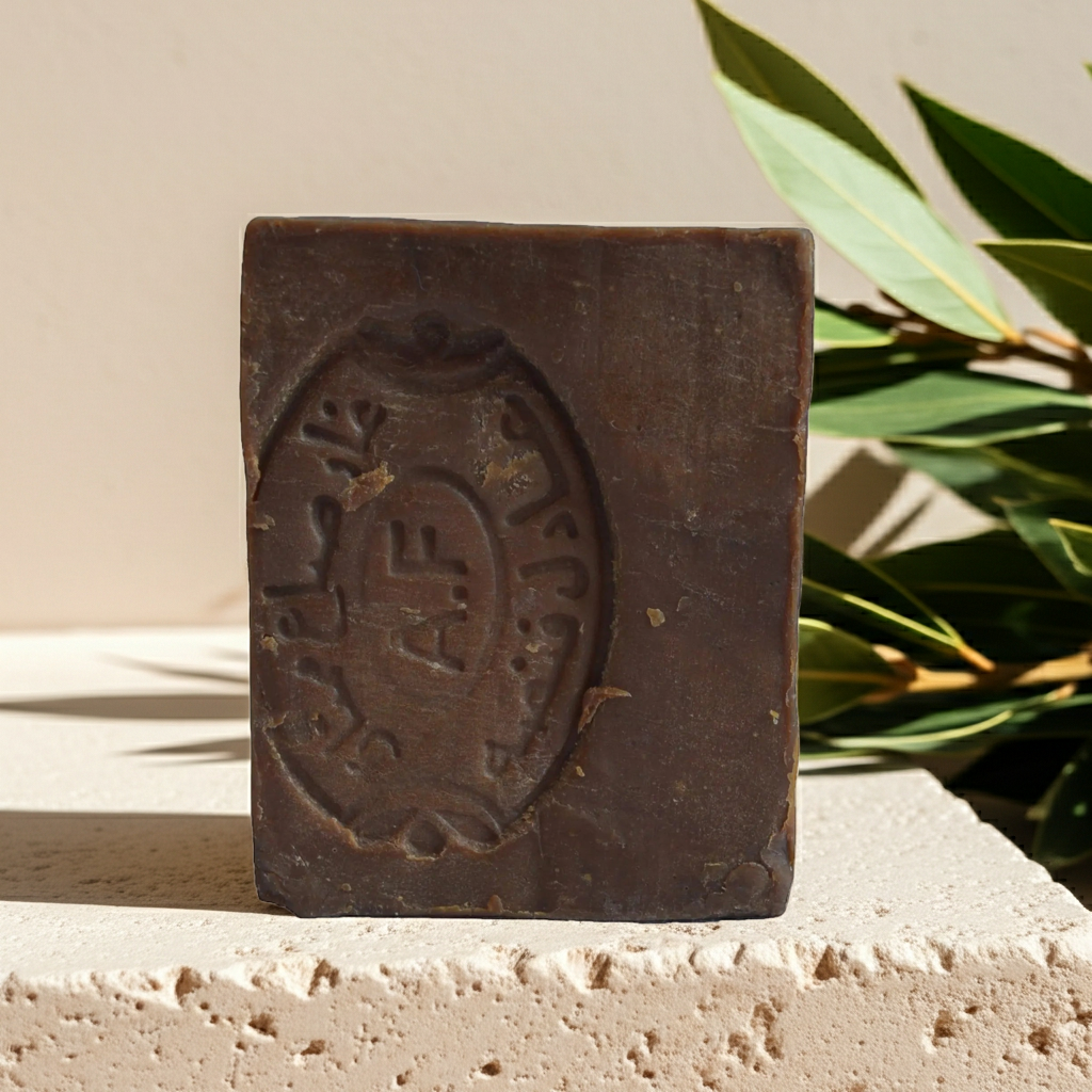 A rectangular dark brown bar of Aleppo laurel soap with an embossed oval emblem, standing upright on a light stone surface with green leaves in the background.