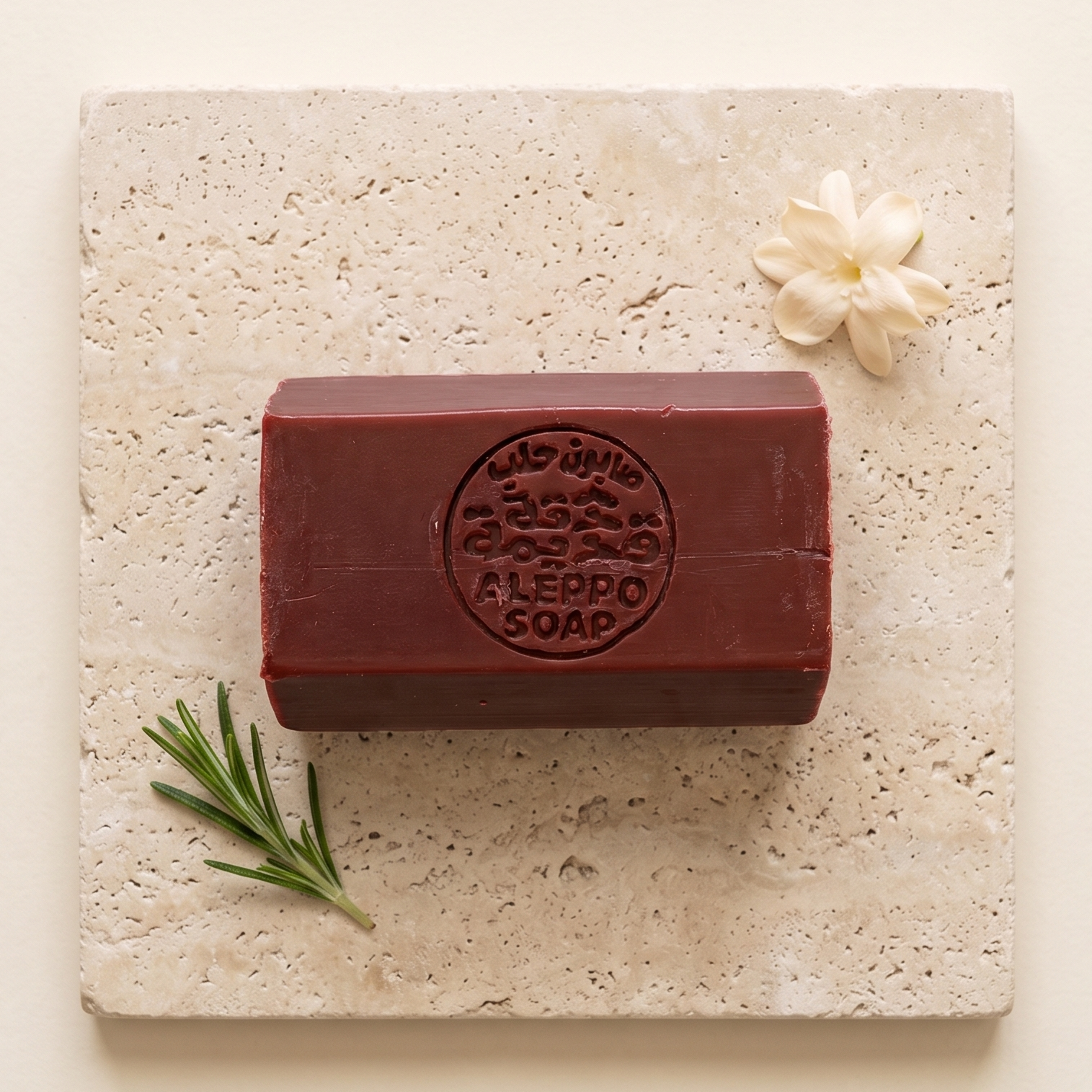 A rectangular bar of dark reddish-brown soap labeled 'A LEPO SOAP' in Italian, styled on a square beige stone slab with a small white flower and rosemary sprig against a warm cream background.