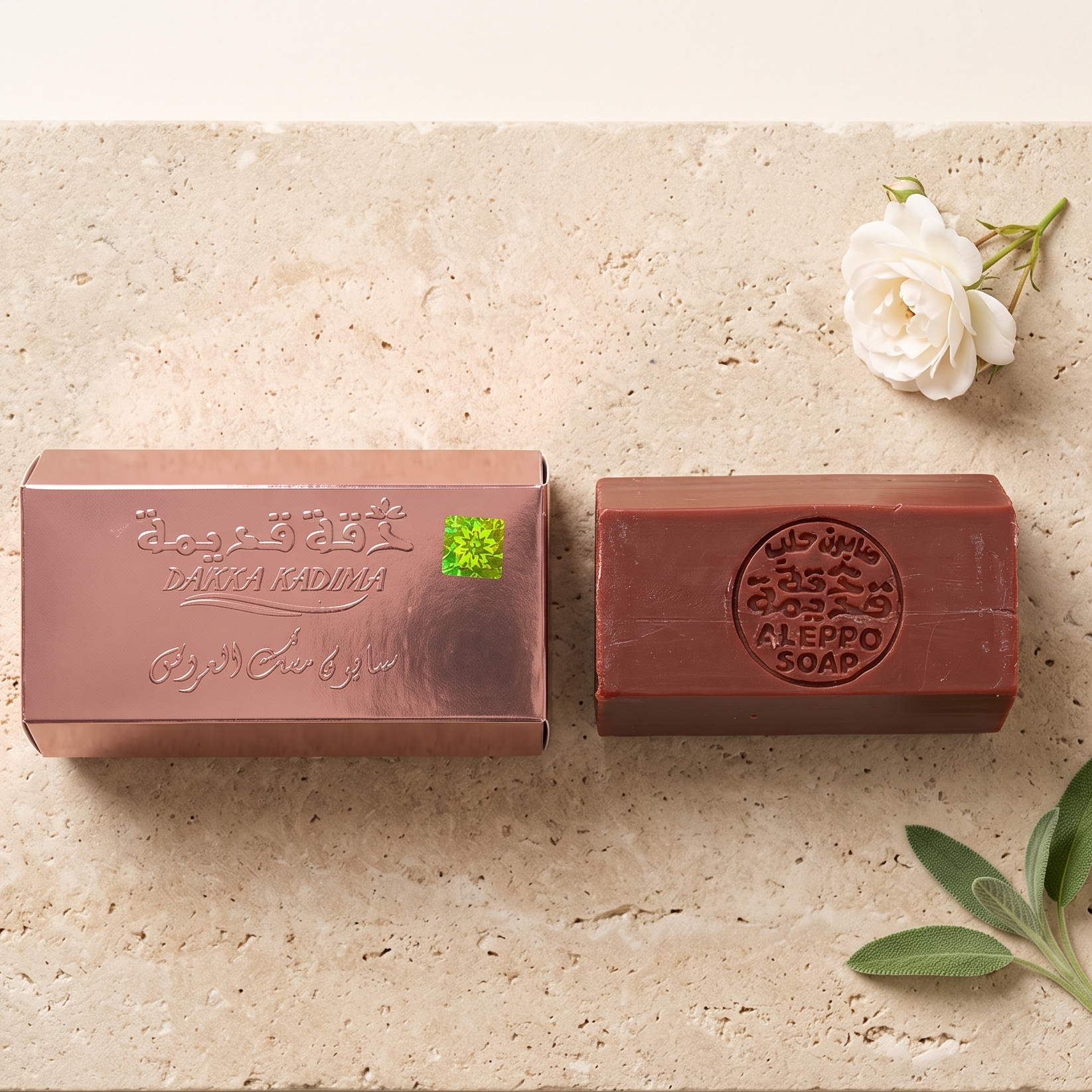 Two rectangular bars of soap placed on a light beige stone surface, with a small white rose and green leaves as styling props. One soap bar is metallic rose-gold with embossed script and a small green accent, and the other is dark reddish brown with an embossed circular logo reading 'Melpopo Soap'.