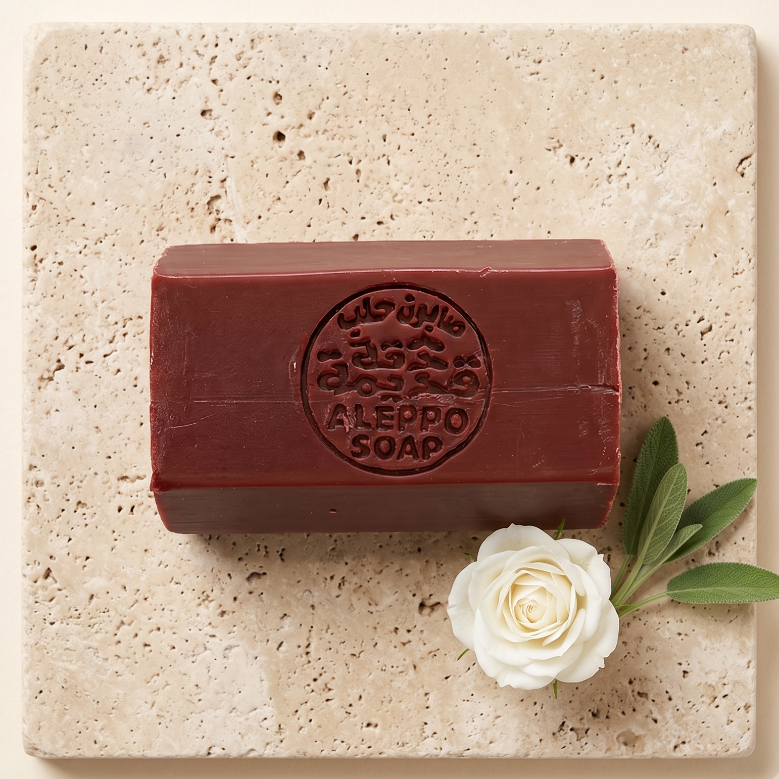 A rectangular bar of Aleppo Soap in a deep reddish-brown color, embossed with the brand name, presented on a square beige stone slab with a white rose and green leaves.