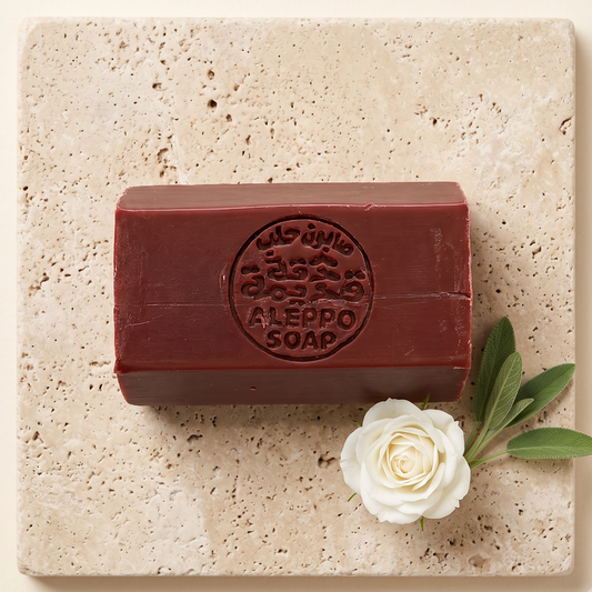 Musk of the Bride Aleppo Soap by Dakka Kadima — burgundy stamped soap bar with a white rose and green leaves