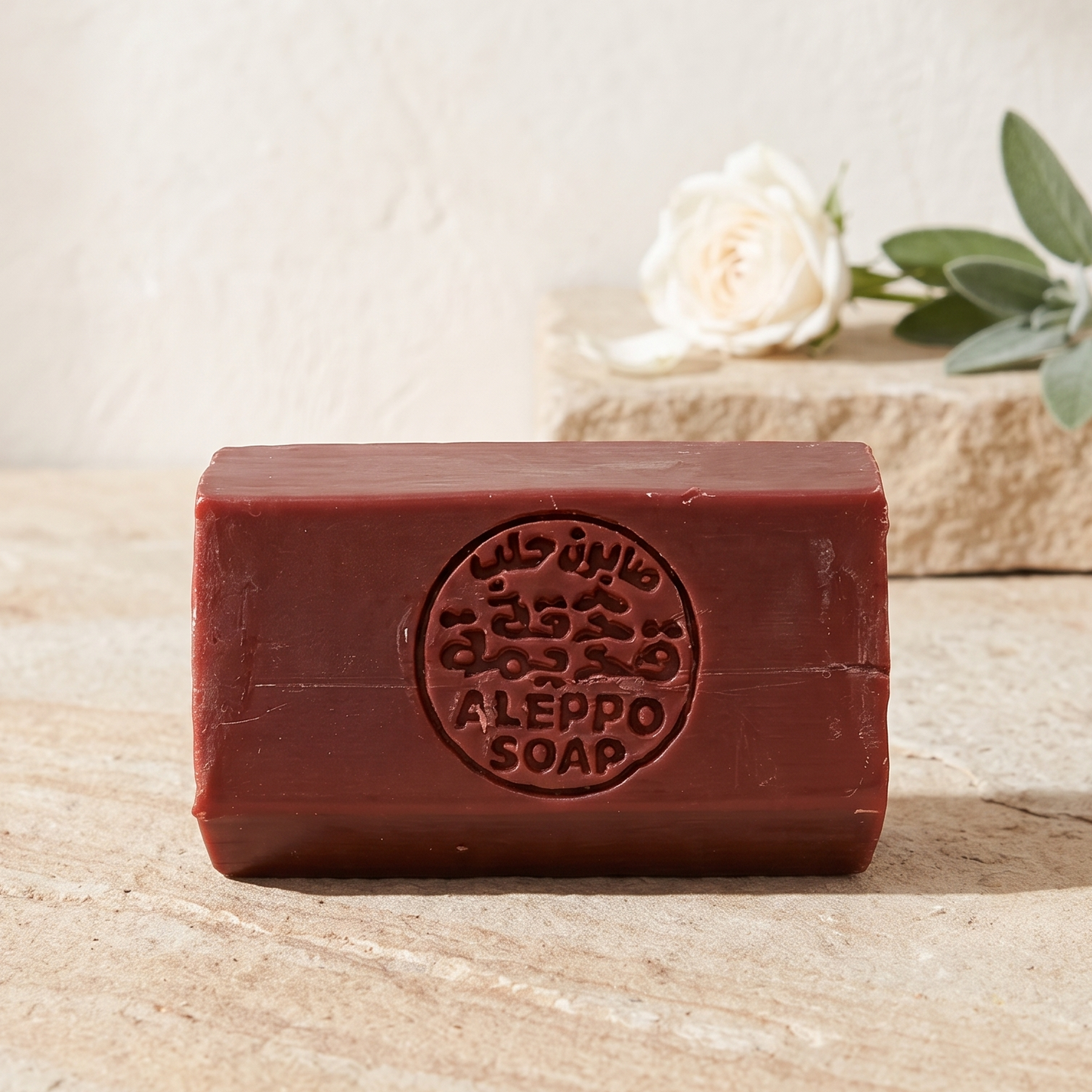 A rectangular bar of reddish-brown soap with an embossed circular logo reading 'ALEPPO SOAP' and Hebrew text, placed on a light stone surface with a white rose in the background.