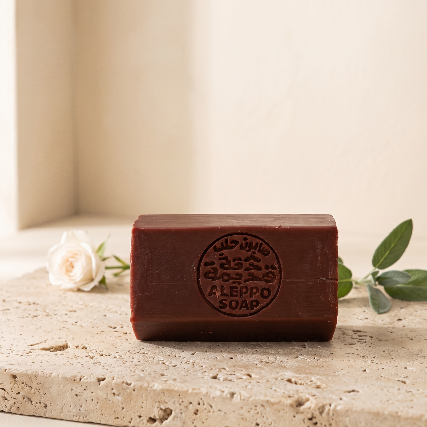 A rectangular bar of dark brown soap labeled 'ALEPO SOAP' in Arabic and English, resting on a light beige stone surface with a small white rose and green leaves in the background.