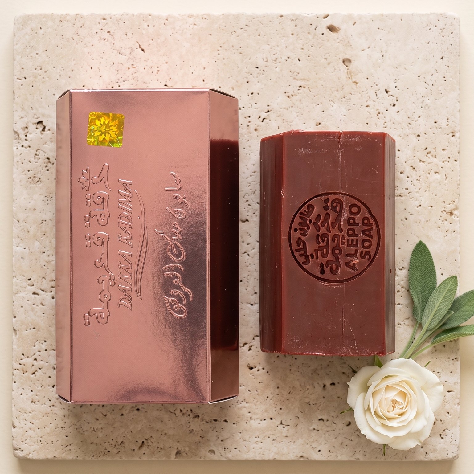Two rectangular bars of soap displayed on a light stone slab against a warm cream background. One soap bar is wrapped in a metallic rose-gold foil sleeve with embossed script, and the other is exposed in a dark reddish-brown color with an embossed circular seal.