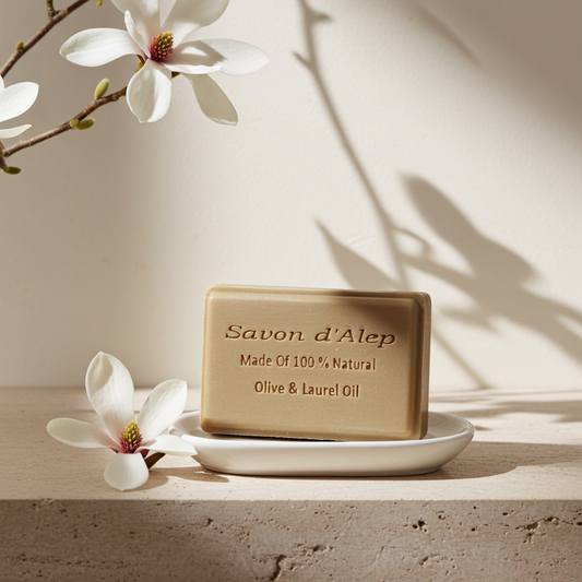 Magnolia Scented Aleppo Laurel Soap — beige bar of Aleppo soap on a stone surface