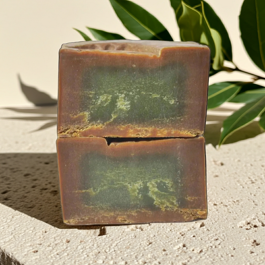 Two stacked rectangular bars of handmade Aleppo laurel soap with a brown outer layer and a green marbled center, displayed on a textured stone surface with green leaves in the background — alternate view 2.