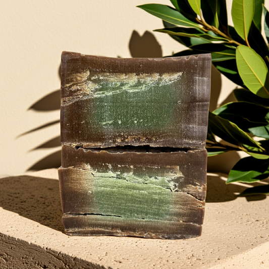 Original Aleppo Laurel Soap by Fansa 12% — two dark brown bars stacked on a stone ledge, with a small plant
