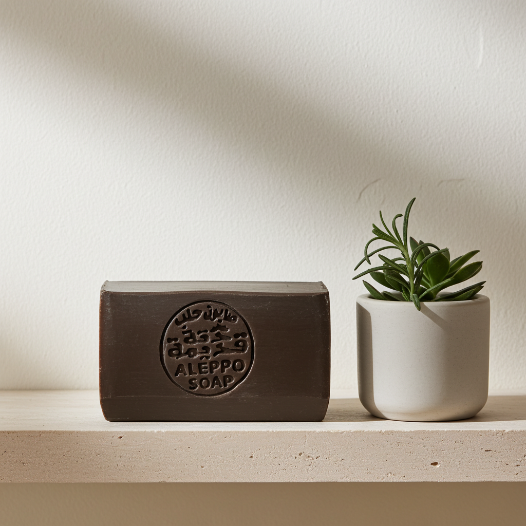 A rectangular bar of dark brown soap embossed with 'ALEPPSO SOAP' sits on a light beige shelf next to a small potted green succulent against a warm off-white wall with soft shadows.