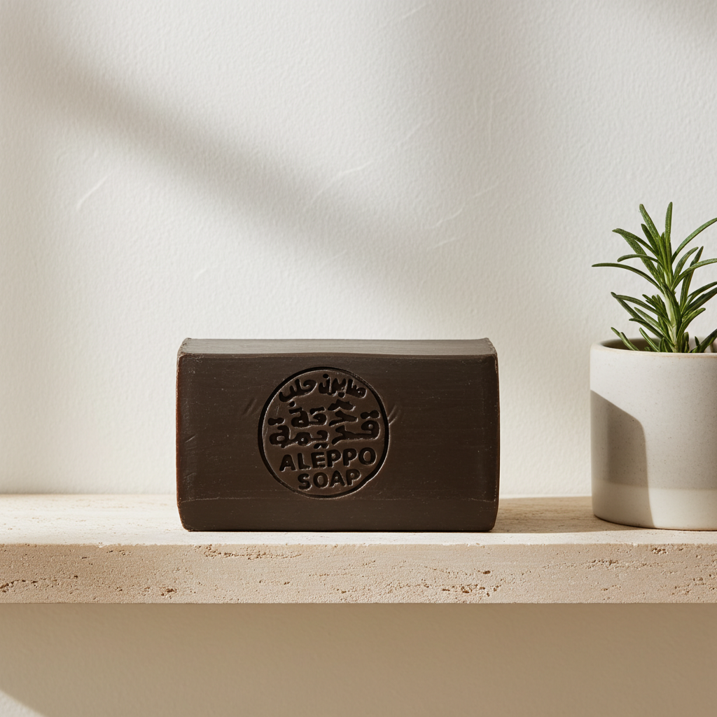 A dark brown rectangular bar of soap with an embossed circular logo reading 'ALEPPO SOAP' sits on a light beige shelf. A small potted green plant is visible on the right against a warm off-white wall with soft diagonal shadows.