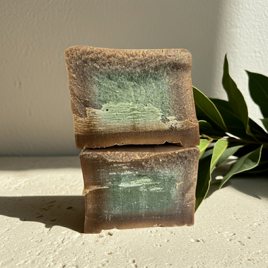 Original Aleppo Laurel Soap by Fansa 20% — two tan bars stacked on a light surface, with green leaves