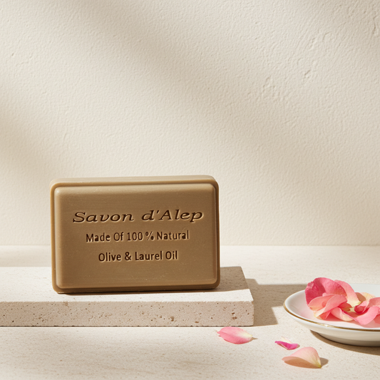 Rose Scented Aleppo Laurel Soap — tan bar of Aleppo soap on a stone pedestal, with rose petals